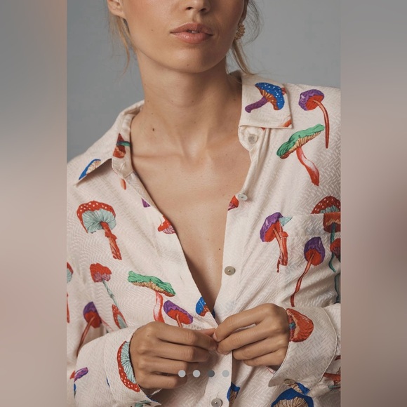 Le Superbe for Anthro Micro Magic Ex-Boyfriend Shirt Ivory Mushroom Print  8 NWT - Picture 3 of 16